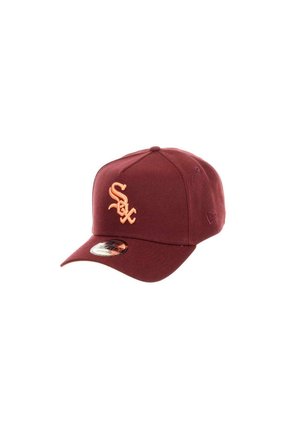 Maroon baseball cap with a structured design, featuring an embroidered orange logo on the front and a flat brim. Textured fabric.