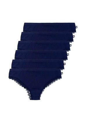 Six navy blue lace-trimmed cotton women's bikini briefs stacked in a row on a white background.