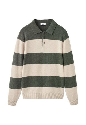 Suéter de punto de manga larga con amplias rayas horizontales en verde y beige, cuello y tapeta de dos botones.