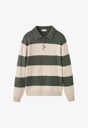 Maglione a maniche lunghe in maglia con ampie righe orizzontali verdi e beige, colletto e patta con due bottoni.