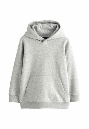 Hellgrauer Hoodie aus Baumwollmischung. Verfügt über eine große Fronttasche, lange Ärmel und eine Kapuze mit Kordelzug. Glatte Textur.