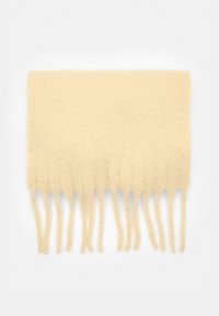 Sciarpa beige chiara realizzata in tessuto morbido e peloso. Presenta bordi frangiati e una consistenza soffice. Ha una forma rettangolare senza motivi o dettagli metallici.