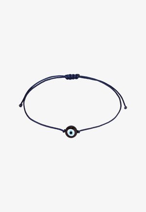 Bracelet réglable en corde bleu marine avec une perle noire centrale ornée d’un motif œil mauvais bleu et blanc.