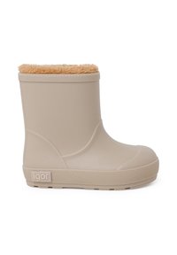 Botín de tobillo impermeable beige con suela de goma texturizada, forro de pelo suave en la parte superior y punta redondeada; logo grabado en el lado.