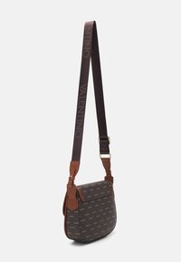 Crossbody bag in brown textured fabric with gold logo pattern, brown leather accents, and adjustable strap featuring "VALENTINO" branding.