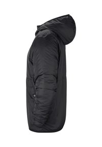 Giacca a vento nera con cappuccio, caratterizzata da una superficie liscia e lucida, polsini elastici e tasche laterali. Design elegante e aerodinamico.