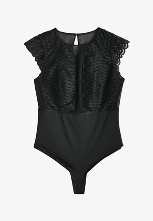 Čierna body so štruktúrovanými čipkovanými rukávmi s oblými okrajmi, zaobleným výstrihom a detailom s otvorom na chrbte. Hladká látka na časti tela.