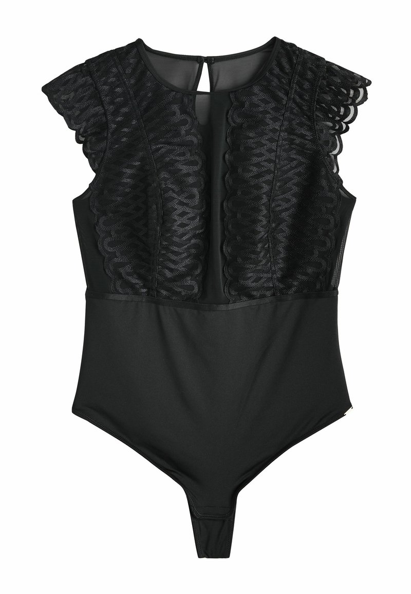 Melns bodijs ar teksturētām viļņotām mežģīņu piedurknēm, apaļu kakla izgriezumu un atvērumu aizmugurē. Gluda auduma ķermeņa daļa.