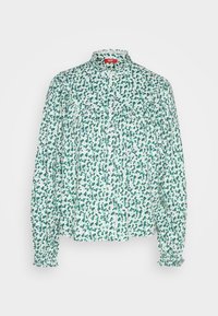 Blumenbluse mit grün-blauem Druck auf weißem Hintergrund, Kragen, langen Ärmeln mit gerafften Manschetten und vorderem Knopfverschluss.