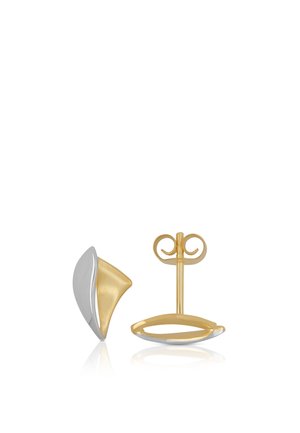 Orecchini a perno bicolore oro e argento con design geometrico astratto curvo e chiusura a farfalla, mostrati su sfondo bianco.