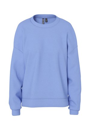 Hanorac bleu deschis cu mâneci lungi și guler rotund, cu manșete și tiv nervurate, afișat pe un fundal alb.