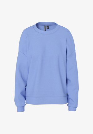 Lyseblå langermet genser med rund hals og ribbestrikkede mansjetter og kant, vist på hvit bakgrunn.