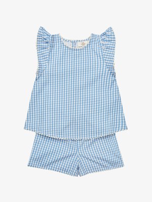 Haut sans manches en pied-de-poule bleu et blanc avec épaules volantées et short assorti, tous deux avec des bords festonnés.