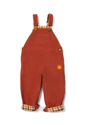 Brick-red corduroy overalls with adjustable straps, side pockets, and rolled cuffs featuring a gingham pattern in orange, green, and white.