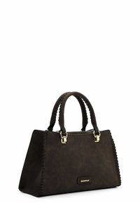 Dark brown structured handbag with stitched edges, dual rounded handles, gold-tone hardware, and a front logo plaque.