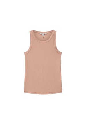 Débardeur côtelé sans manches beige avec encolure ronde, en tissu tricoté doux, présenté à plat montrant le côté avant.