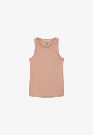 Débardeur côtelé sans manches beige avec encolure ronde, en tissu tricoté doux, présenté à plat montrant le côté avant.