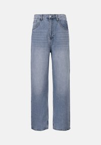 Blugi din denim de culoare albastru deschis, cu talie înaltă, croială dreaptă, cusături vizibile și design standard cu cinci buzunare. Textură netedă.