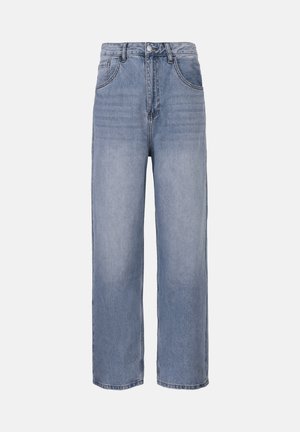 Jean en denim bleu clair taille haute avec une coupe droite, couture visible et design standard à cinq poches. Texture lisse.