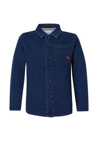 Marinblå skjortjacka i strukturmaterial med krage, knapppassning, en bröstficka och en cirkulär logotypapplikation.