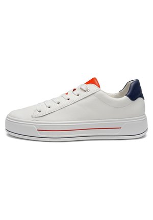 White low-top sneaker with white laces, red accent on tongue, navy heel tab, and red line detail on the white sole.