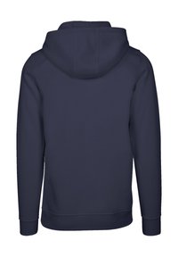 Navyblauer Hoodie mit großer Kapuze, langen Ärmeln und gerippten Bündchen und Saum; aus weichem, strukturiertem Material. Nur Rückansicht.