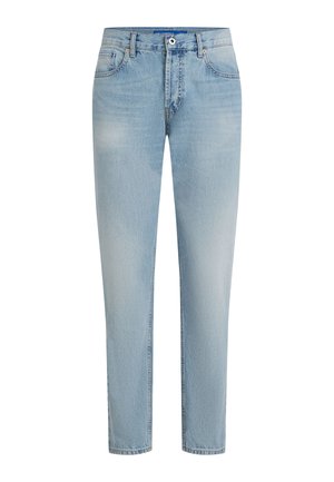 Svetlomodré riflové nohavice s rovnakým strihom, vybavené zipsom na prednom dielci, zapínaním na gombík, piatimi vreckami a jemným blednutím po celej látke.