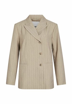 Blazer beige à fines rayures avec col cranté, trois boutons à l'avant et deux poches latérales, présenté sur un fond blanc.