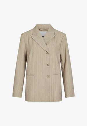 Blazer beige à fines rayures avec col cranté, trois boutons à l'avant et deux poches latérales, présenté sur un fond blanc.