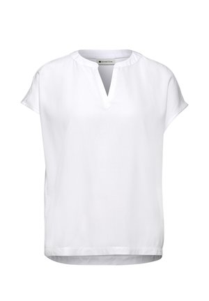 Blusa bianca da donna a maniche corte con colletto alla coreana e scollatura a V con intaglio frontale.
