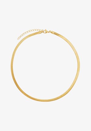 Collier serpent en tonalité dorée présentant un design lisse et flexible, avec un fermoir à homard et une chaîne d'extension ajustable pour la longueur.