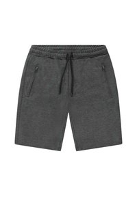 Grijze sportshorts gemaakt van zachte stof, met een elastische tailleband, een trekkoord en twee gezipte zijzakken.
