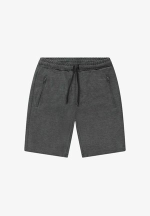 Grijze sportshorts gemaakt van zachte stof, met een elastische tailleband, een trekkoord en twee gezipte zijzakken.