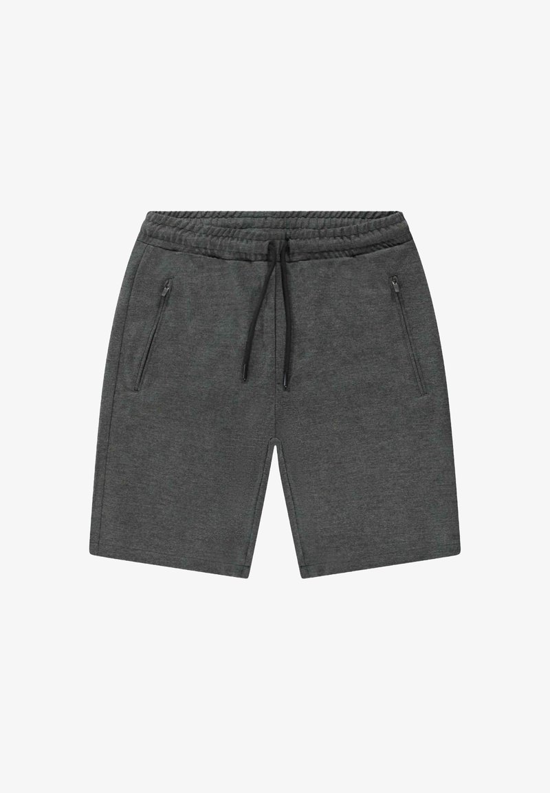 Grijze sportshorts gemaakt van zachte stof, met een elastische tailleband, een trekkoord en twee gezipte zijzakken.