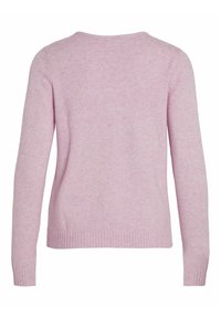 Pull à manches longues rose pâle avec poignets et ourlet côtelés, vu de dos sur un fond blanc uni.