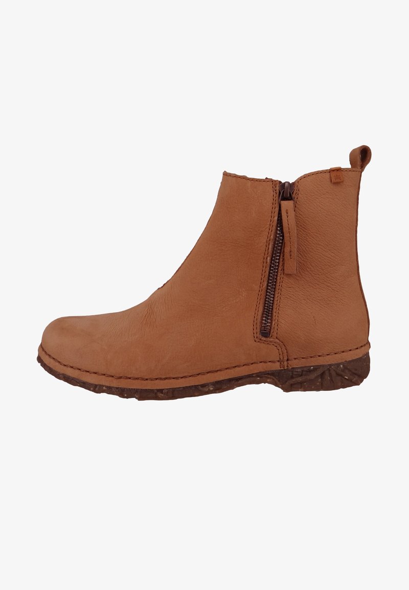 Brązowe skórzane buty ankle z boku na zamek, zaokrąglony nosek, teksturowana brązowa podeszwa oraz przeszycia wokół podstawy dla dodatkowego efektu.