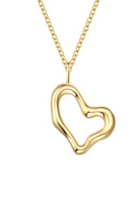 Zlati pendant v obliki srca z valovitim robom, obešen na tanki verižici, ki se ponaša s sijočim kovinskim zaključkom.