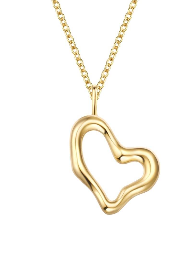 Zlati pendant v obliki srca z valovitim robom, obešen na tanki verižici, ki se ponaša s sijočim kovinskim zaključkom.