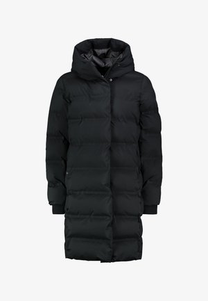 Schwarzer, langer Daunenmantel mit Kapuze, der über ein gestepptes Design, sichtbare Nähte und gerippte Bündchen verfügt. Vorderer Verschluss mit Druckknöpfen und Reißverschluss.