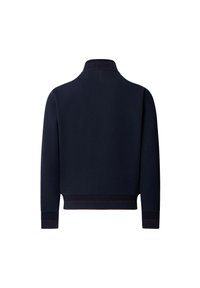 Námornícky modrá mikina s vysokým golierom. Hladké manžety a spodný lem s červenými akcentmi. Hladká textura, elegantný dizajn a bez viditeľných log.