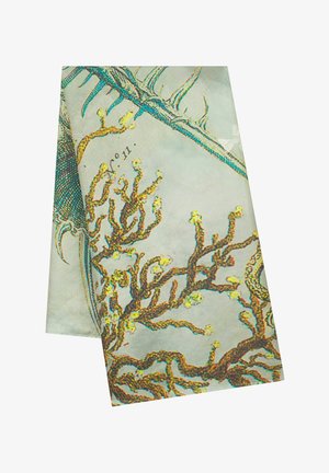 Écharpe en soie imprimée présentant des illustrations de corail et d'algues dans des teintes de bleu, vert et jaune sur un fond clair. Forme rectangulaire.