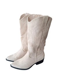 Une paire de bottes de cowboy en daim beige avec des orteils pointus, une broderie décorative et des talons bas noirs sur un fond blanc.