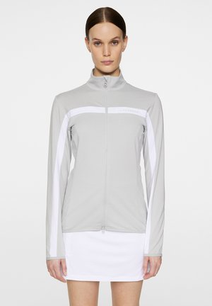 Lichtgrijze zip-up jas met witte zijpanelen, gemaakt van een gladde stof; heeft een staande kraag en branding op de borst.