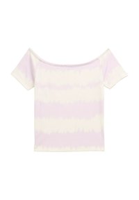 Top sin mangas en suave tejido acanalado con un diseño de teñido anudado en tonos de lavanda pálido y crema. Mangas cortas y un diseño ajustado.