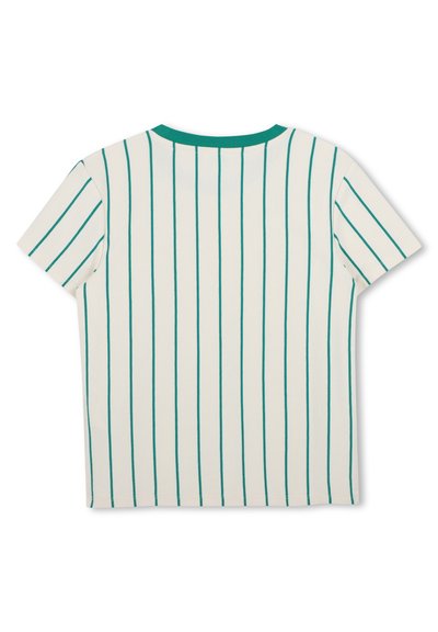 Maglietta bianca a maniche corte con strisce verticali color teal. Presenta un collo rotondo e una texture liscia. La parte posteriore è semplice senza dettagli aggiuntivi.