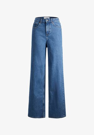 Blauwe high waist jeans met wijde pijpen, vooraan knopen en rits, riemlussen en klassiek ontwerp met vijf zakken.