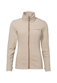 Giacca in pile beige con colletto alto, zip centrale e dettagli marroni. Presenta maniche lunghe e polsini elasticizzati. Logo sul petto.