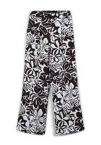 Wide-leg trousers made of lightweight fabric featuring a bold black and white floral pattern with pleats at the waist for added detail.
