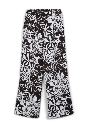 Pantaloni a gamba larga realizzati in tessuto leggero, caratterizzati da un audace motivo floreale in bianco e nero e da pince in vita per un tocco di dettaglio in più.