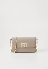 Beige leather shoulder bag with a gold chain strap and rectangular shape. Features a gold clasp and smooth texture.